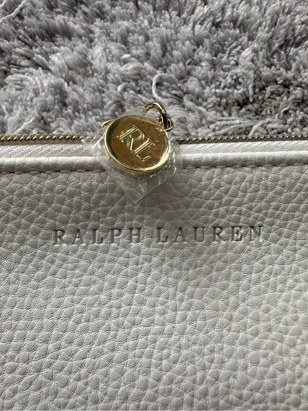 Ralph Lauren Ivory Pebbled Leather Cosmetic Case with Gold Zip